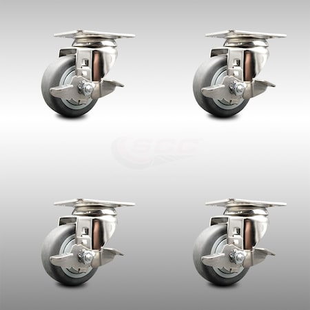 Service Caster 3 Inch 316SS Thermoplastic Rubber Wheel Swivel Top Plate Caster Set with Brake SCC-SS31620S314-TPRB-TLB-4